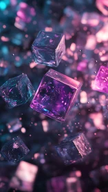 Neon glass cubes drifting through vibrant bokeh field.