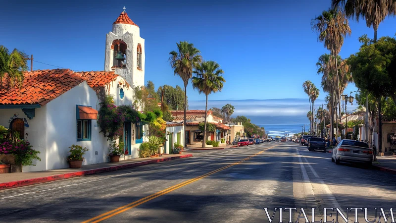 Coastal street with bell tower and palms under clear sky.