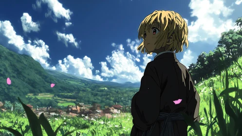 Anime girl in green hillside field above distant village