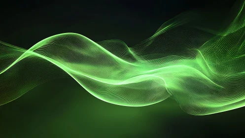 Luminous emerald soundwave ribbons drifting through dark silence.