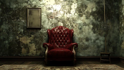 Vintage crimson armchair in a distressed patina room.