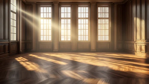 Sunlit paneled hall glows with warm wooden elegance and calm.