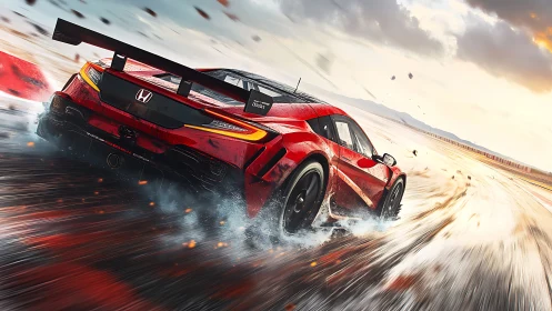 Red Honda race car drifts on wet track surface at speed