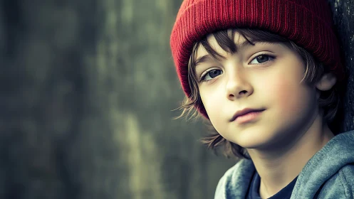 Pensive Youth in Crimson Beanie Against Forest Backdrop.