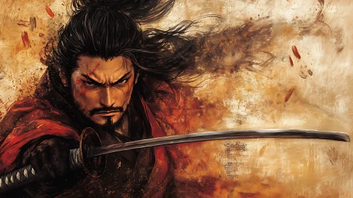 Dynamic katana-wielding samurai in high-tension digital brushwork.