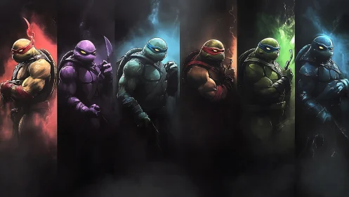 Four masked turtle warriors in segmented colored panels.