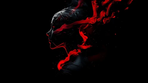 Cybernetic silhouette with fluid crimson data plumes.