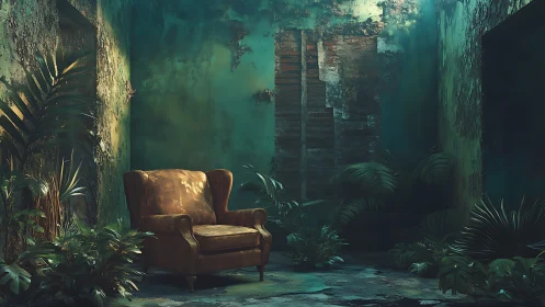 Weathered leather armchair in overgrown teal ruin interior.