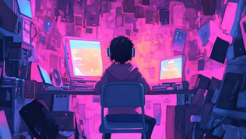 Neon coder steeps in glowing screens and quiet midnight code