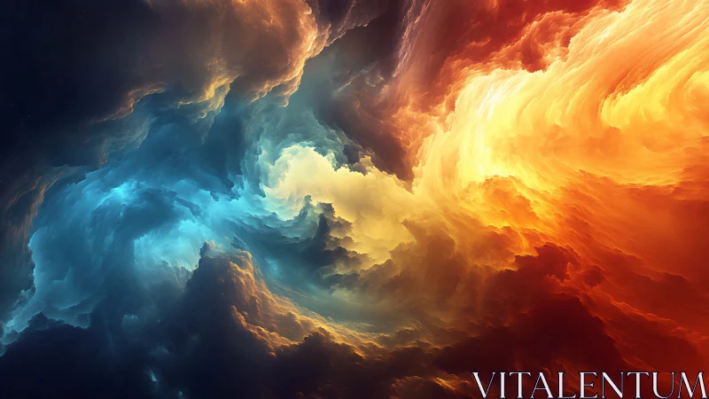 Bilateral abstract cloud formation in blue and orange hues.