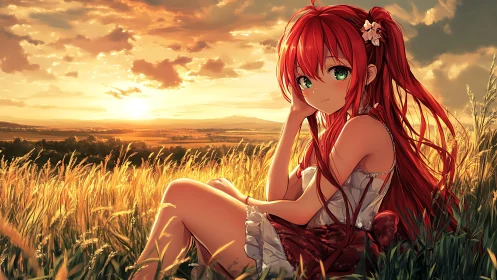 Red-haired girl rests in sunlit wheat field at sunset