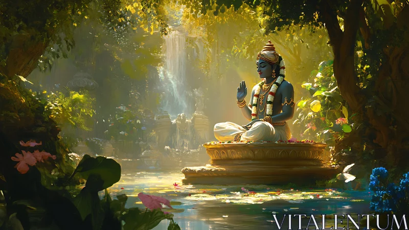 Serene blue-skinned deity meditating in lush forest grove.