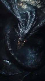 Serpentine dark creature with glowing eyes in cavern space.