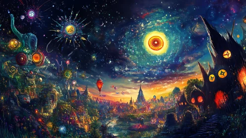 Surreal fantasy cityscape glows under swirling cosmic sky