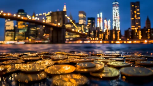Gold crypto coins glow under city bridge lights at dusk.