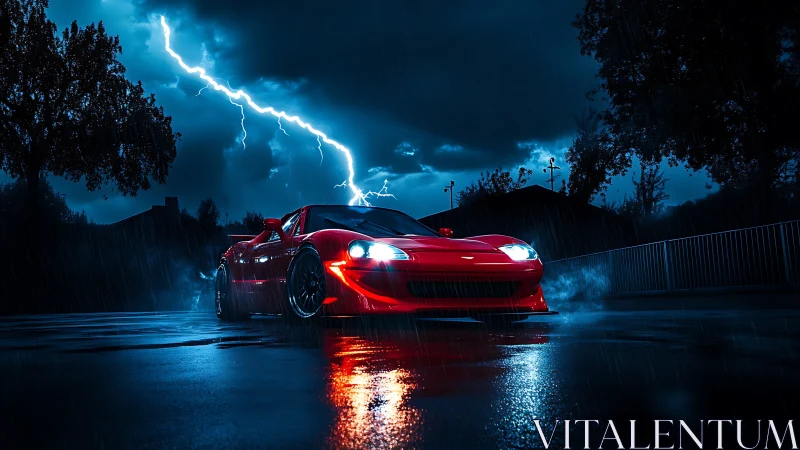 Scarlet street racer ignites a stormlit midnight downpour.