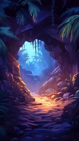 Luminous jungle cave corridor under dynamic colored lighting.