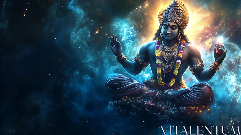 Radiant cosmic deity resting in calm, colorful starlight.