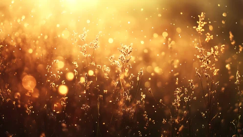 Backlit field grasses with suspended particles at sunset.