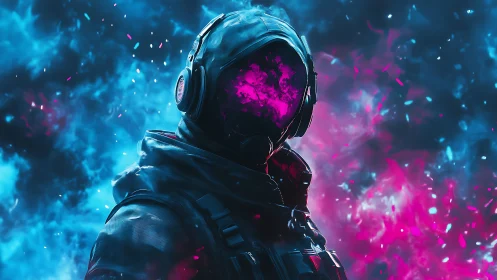 Cyberpunk astral operative in neon bicolor vapor field.