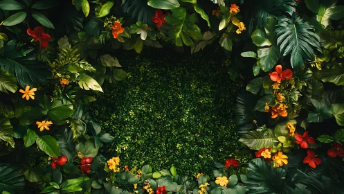 Lush tropical foliage encircles a vibrant emerald clearing.