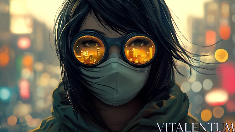 Masked urban wanderer reflected city nightscape vision.