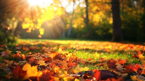 Sunlit autumn leaves blanket grass in warm golden light