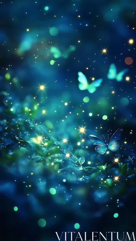 Bioluminescent blue butterflies in nocturnal bokeh forest