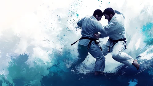 Martial artists collide amid dynamic abstract blue spray.