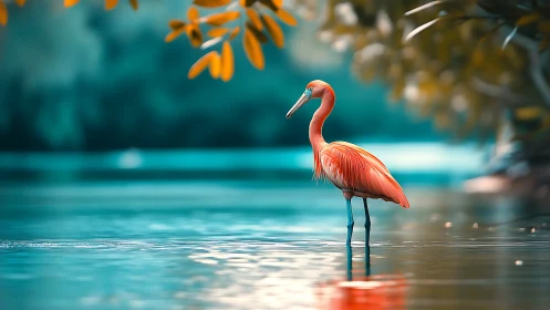 Scarlet wading bird stands in teal river under blurred foliage
