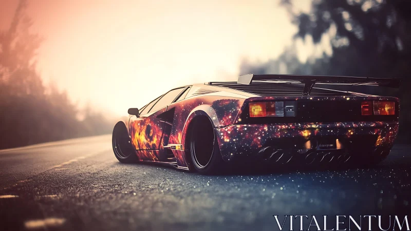 Low sports coupe with galaxy wrap on empty wet roadway.