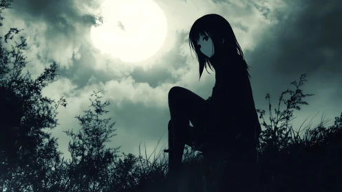 Moonlit loner girl perched in midnight grassland hush.