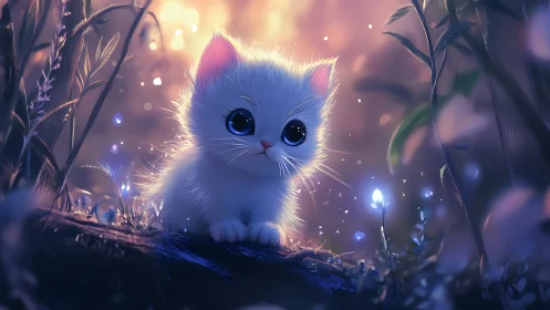 Enchanted White Kitten in a Magical Forest Glow.