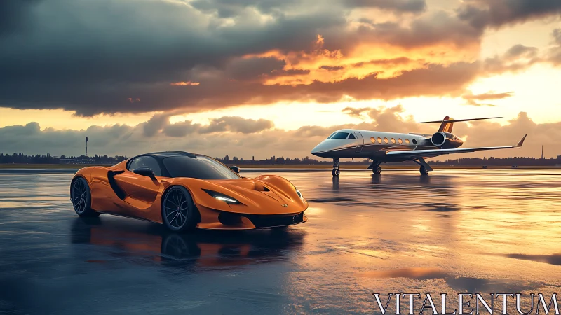 Aero-automotive symmetry on wet tarmac at sunset glow.