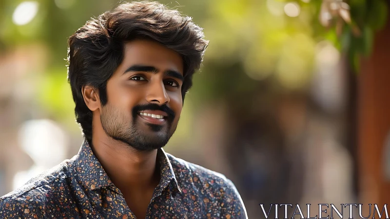 Sunlit smile and easygoing charm in a leafy street portrait.