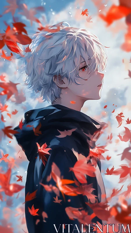 White-haired anime youth in autumn leaves, soft bokeh lighting