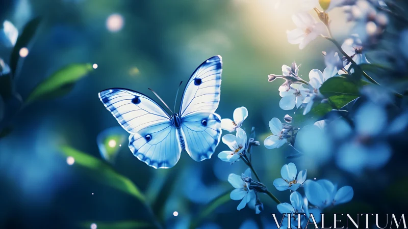 Bioluminescent blue butterfly in shallow-depth bokeh garden