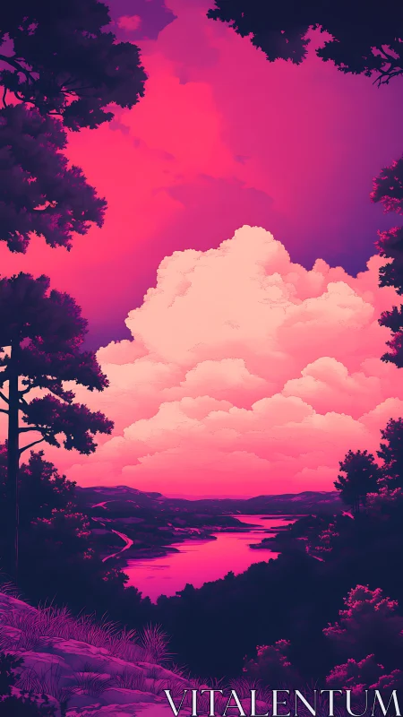 Contrasted landscape shows stylized river valley at sunset