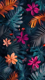Tropical Foliage Composition with Vibrant Floral Elements on Dark Background