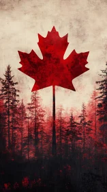 Maple-crowned giant rises from a crimson northern forest sky