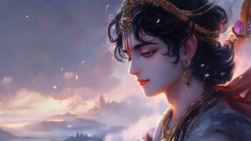 Celestial prince in dusk-lit reverie above misty kingdoms.