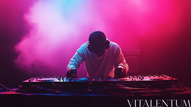 DJ mixing under neon club lights on smoke filled stage.