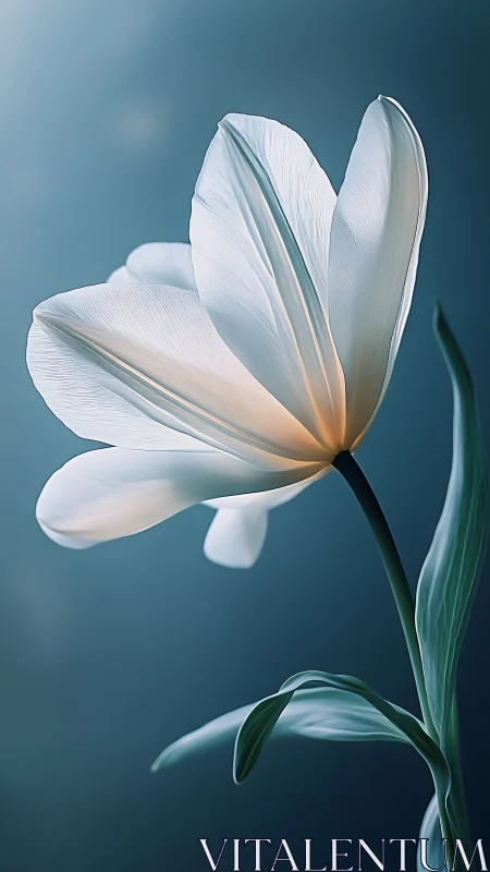White Tulip Against Teal Background in Soft Light.