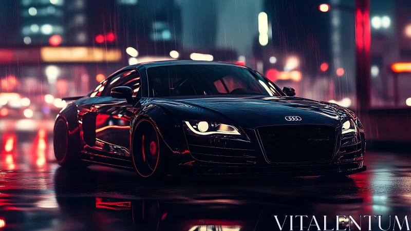 Sleek black Audi coupé idles under neon rain in cyber cityscape