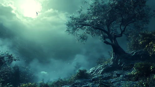 Moonlit mist surrounds an ancient tree on a lonely hillside