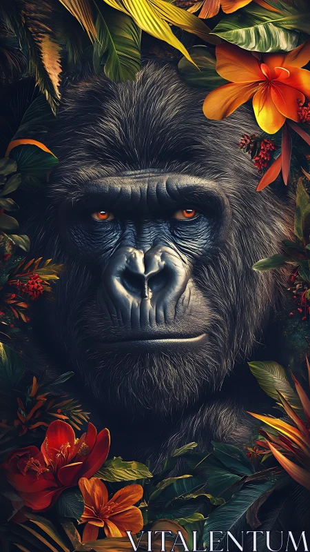 Gorilla portrait emerges from lush tropical flowers and leaves.