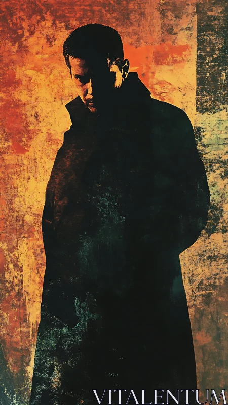Solitary trench‑coated silhouette in fiery textured chiaroscuro.