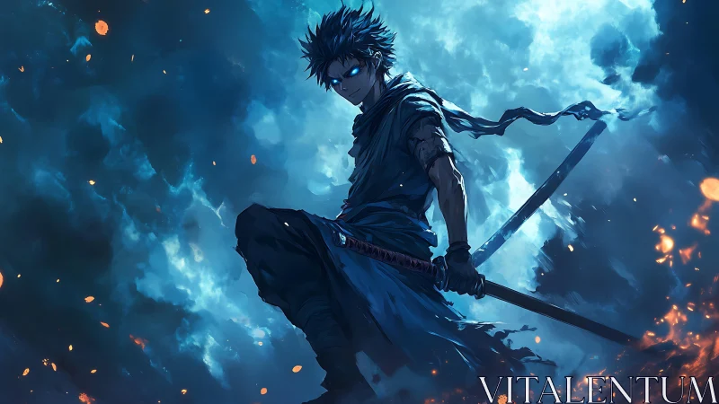 Stoic anime swordsman against stormy blue flames.