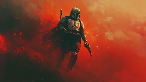 Lone armored wanderer strides through molten sunset smoke