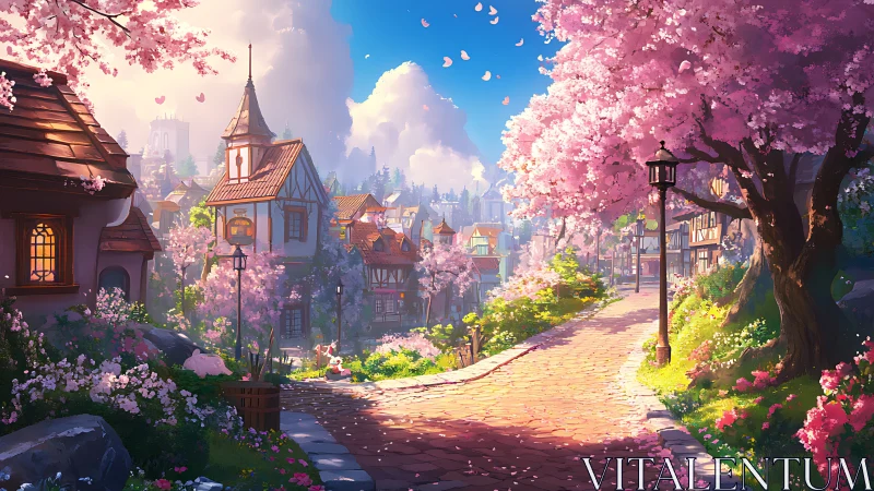 Sunlit cobblestone lane drifts through blossom-bright village